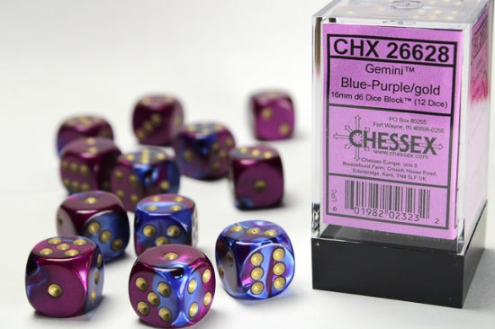 26628 Gemini® 16mm d6 Blue-Purple/gold Dice Block™ (12 dice)