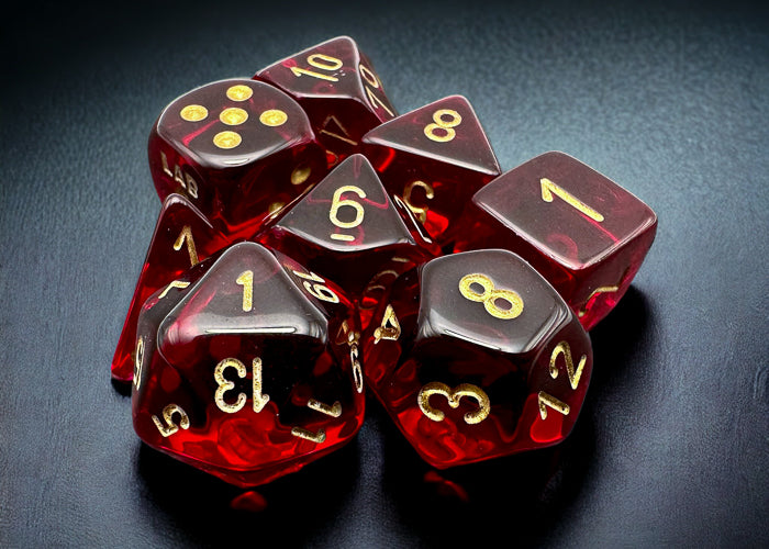 Lab Dice: Translucent Crimson/gold Polyhedral 7-Dice Set (with bonus die)