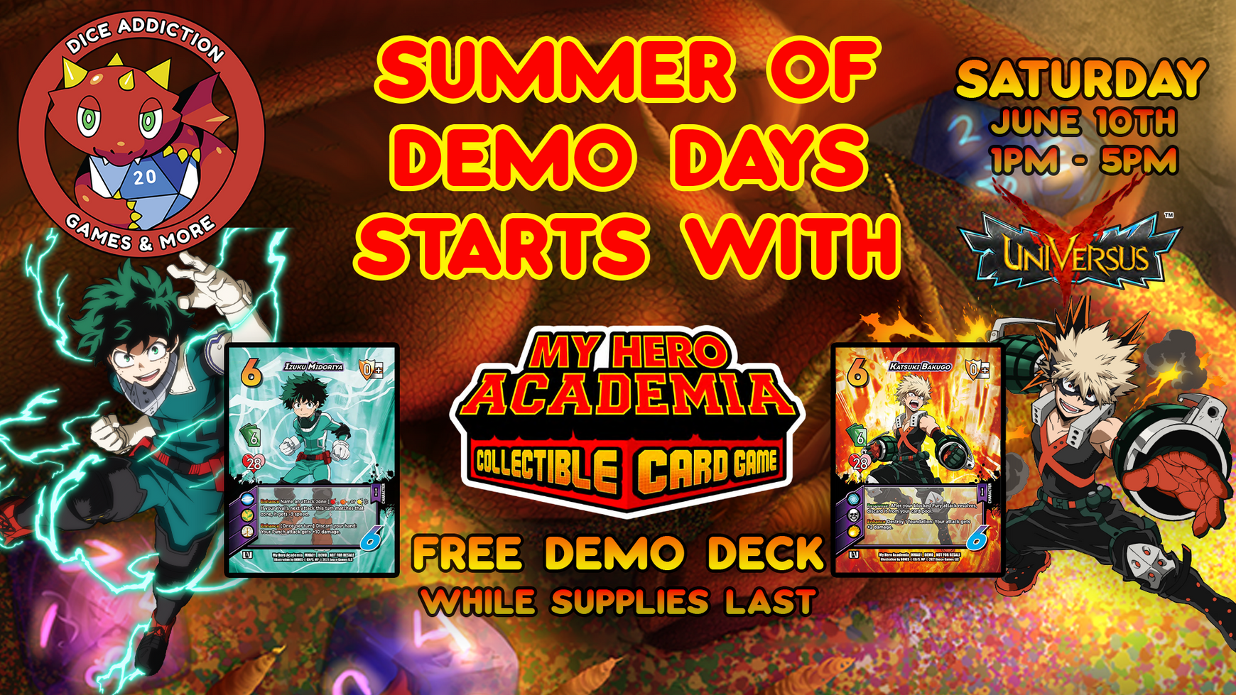 Experience Action-Packed Saturdays with Dice Addiction's My Hero Academia CCG Demo Days this Summer!