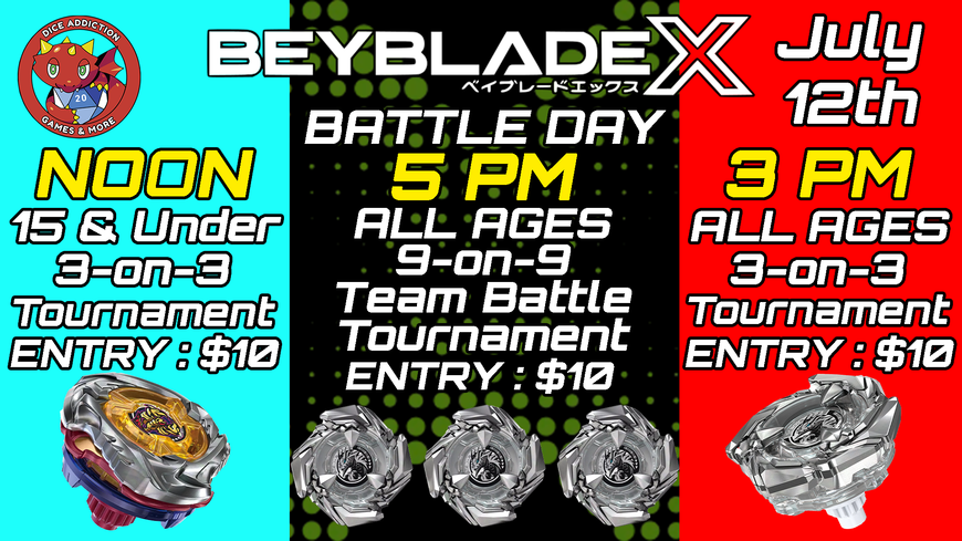 Win 3 Cobalt Drakes for you and your squad at Dice Addiction’s Beyblade X Battle Day!