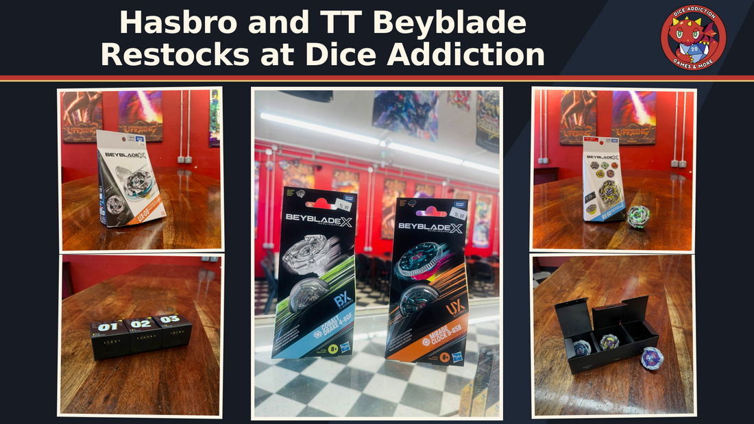 Hasbro and TT Beyblade Restocks at Dice Addiction. Landscape collage of the store’s Cobalt Drake, Mirage Clock, Silver Wolf, Vol.11 and black 3on3 Deck Case photos, with the official Dice Addiction logo.