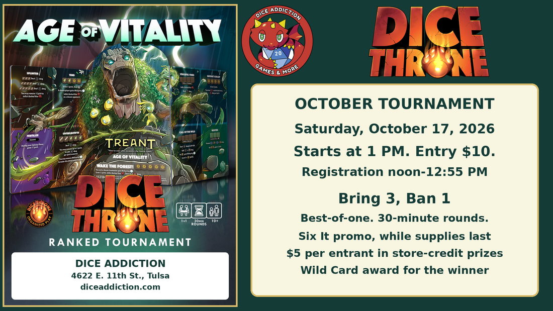 Dice Throne October tournament in Tulsa on October 17, 2026.