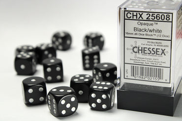 25608 Opaque 16mm d6 Black/white Dice Block™ (12 dice)