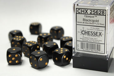 25628 Opaque 16mm d6 Black/gold Dice Block™ (12 dice)