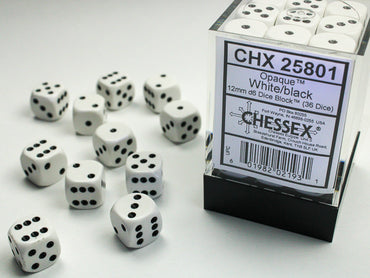 Opaque White/black 12mm d6 Dice Block (36 dice)