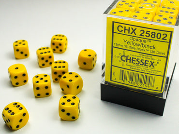 Opaque Yellow/black 12mm d6 Dice Block (36 dice)