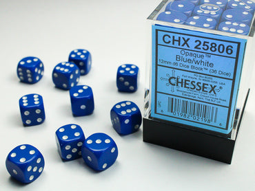 Opaque Blue/white 12mm d6 Dice Block (36 dice)