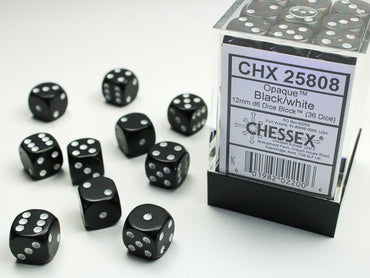 Opaque Black/white 12mm d6 Dice Block (36 dice)