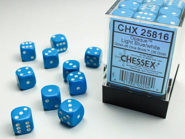 Opaque Light Blue/white 12mm d6 Dice Block (36 dice)