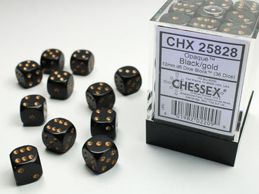 Opaque Black/gold 12mm d6 Dice Block (36 dice)