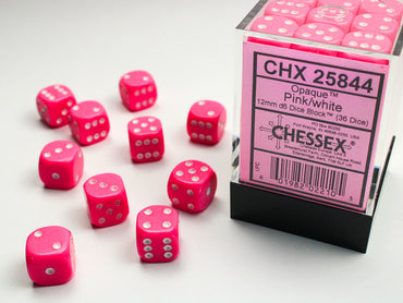 Opaque Pink/white 12mm d6 Dice Block (36 dice)