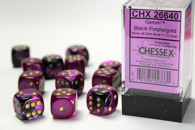 26640 Gemini® 16mm d6 Black-Purple/gold Dice Block™ (12 dice)