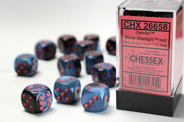 26658 Gemini® 16mm d6 Black-Starlight/red Dice Block™ (12 dice)
