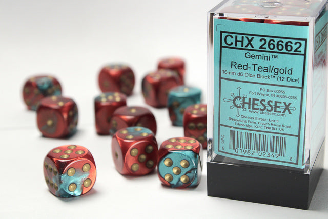 Gemini Red-Teal/gold 16mm d6 Dice Block (12 dice)
