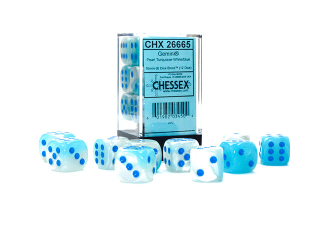 Gemini Pearl Turquoise-White/blue Luminary 16mm d6 Dice Block (12 dice)