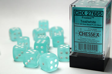 Frosted Teal/white 16mm d6 Dice Block (12 dice)