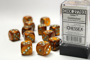 Glitter Gold/silver 16mm d6 Dice Block (12 dice)