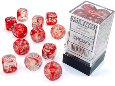 Nebula® 16mm d6 Red/silver Luminary™ Dice Block™ (12 dice)