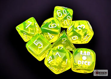Lab Dice: Translucent Neon Yellow/white Polyhedral 7-Dice Set (with bonus die)