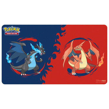 Ultra Pro Pokemon TCG playmat showing Mega Charizard X and Mega Charizard Y side by side in full color.