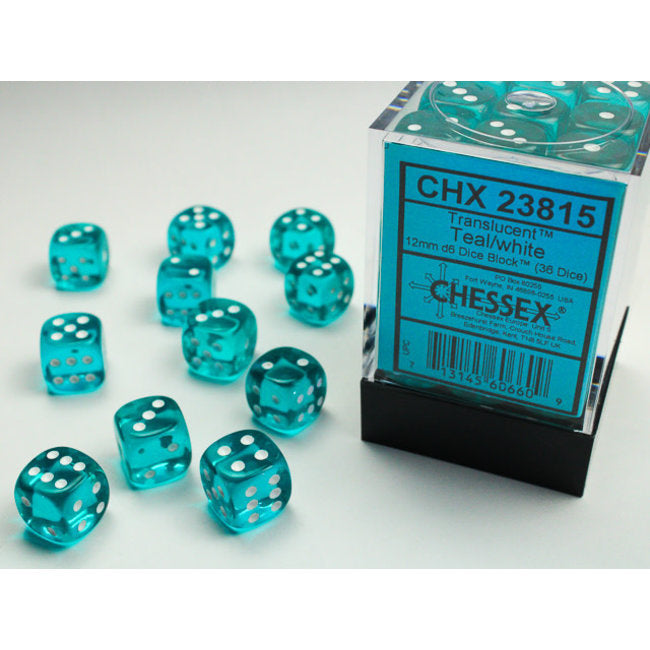 Translucent 12mm d6 Teal/white Dice Block™ (36 dice)