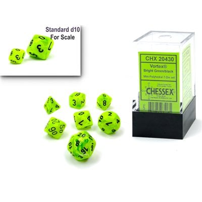 Chessex CHX 20430 Bright Vortex: Green/Black Mini-Polyhedral 7-Dice Set