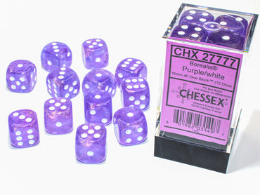 Borealis: Purple/White 16mm D6 Dice Block (12 Dice)