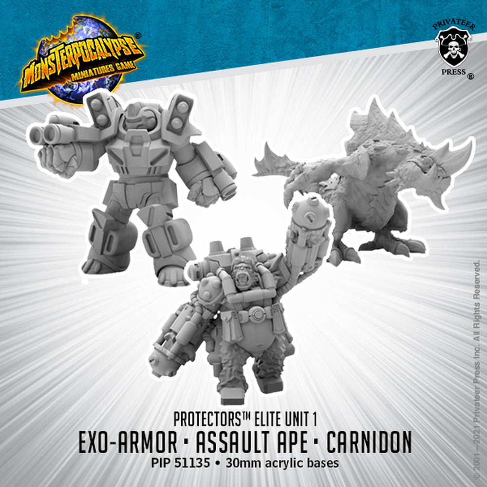 Monsterpocalypse Carnidon, Exo Armor, &Assault Ape Protectors Elite Unit