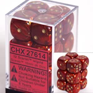 Chessex CHX 27614 Scarab: Scarlet/Gold 16mm D6 Dice Block (12 Dice)