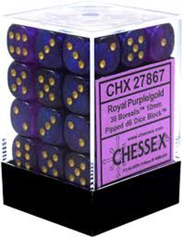 Chessex CHX 27987 Borealis: Royal Purple/Gold 12mm D6 Dice Block (36 Dice)