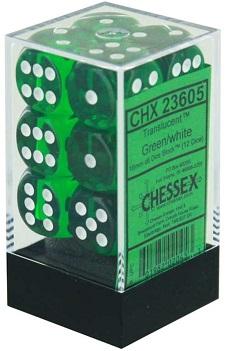 Translucent 16mm d6 Green/white Dice Block™ (12 dice)