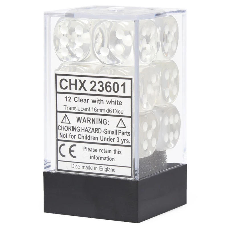 Translucent 16mm d6 Clear/white Dice Block™ (12 dice)