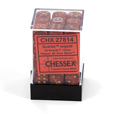 Chessex CHX 27814 Scarab: Scarlet/Gold 12mm D6 Dice Block (36 Dice)
