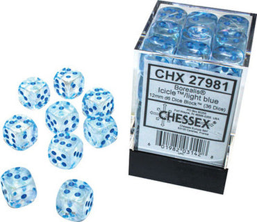 Chessex CHX 27981 Borealis: Icicle/Light Blue 12mm D6 Dice Block (36 Dice)