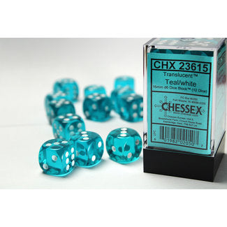 Translucent 16mm d6 Teal/white Dice Block™ (12 dice)