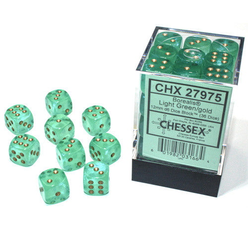 Chessex Borealis: 12mm D6 Light Green/Gold Luminary Dice (36)