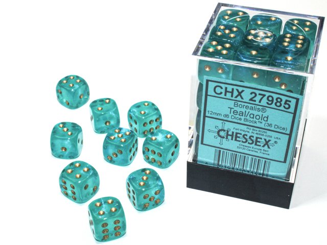 Chessex CHX 27985 Borealis: Teal/Gold 12mm D6 Dice Block (36 Dice)