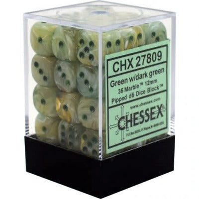Chessex CHX 27809 Marble: Green/Dark Green 12mm D6 Dice Block (36 Dice)