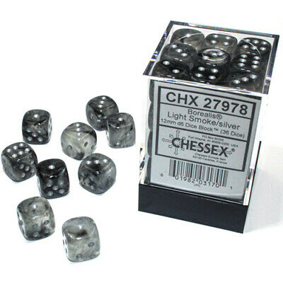 Chessex CHX 27978 Borealis: Light Smoke/Silver 12mm D6 Dice Block (36 Dice)