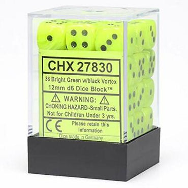Chessex CHX 27830 Vortex: Bright Green/Black 12mm D6 Dice Block (36 Dice)