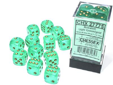 Chessex CHX 27775 Borealis: Light Green/Gold 16mm d6 Dice Block (12 Dice)