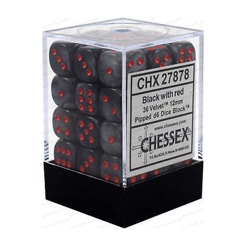 Chessex CHX 27878 Velvet: Black/Red 12mm D6 Dice Block (36 Dice)